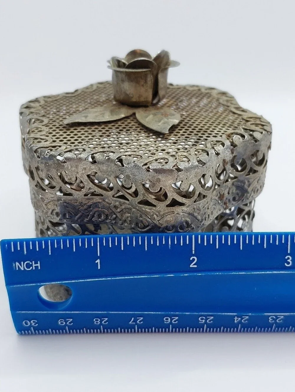 Vintage Silver Tone Filigree Trinket Box Floral Rose Lid Small Jewelry Keepsake